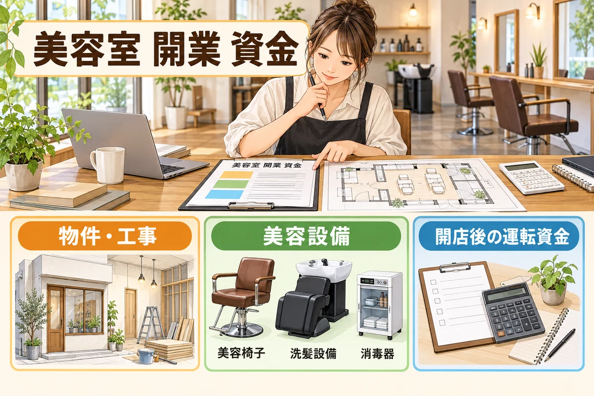 美容室の開業資金を、物件・工事、美容設備、開店後の運転資金に分けて整理する美容師のイラスト