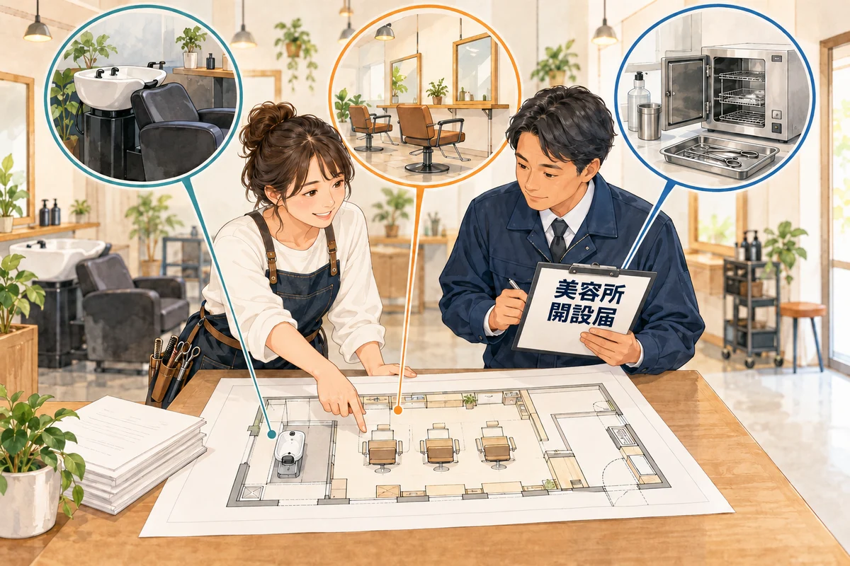 美容所の開設届に向けて、店主と保健所の職員が平面図と設備を確かめるイラスト