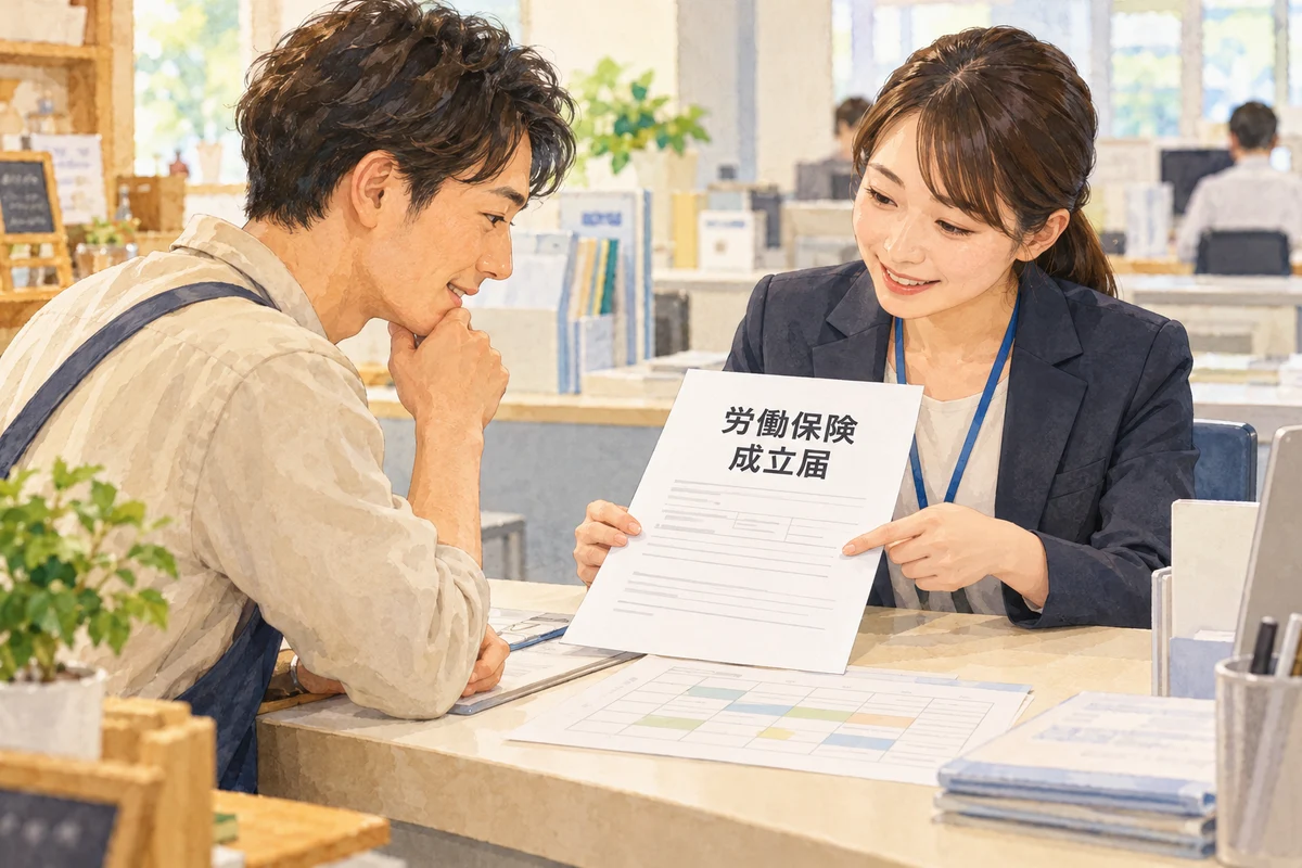 初めて従業員を雇う店主が、窓口で労働保険の成立届について説明を受けるイラスト