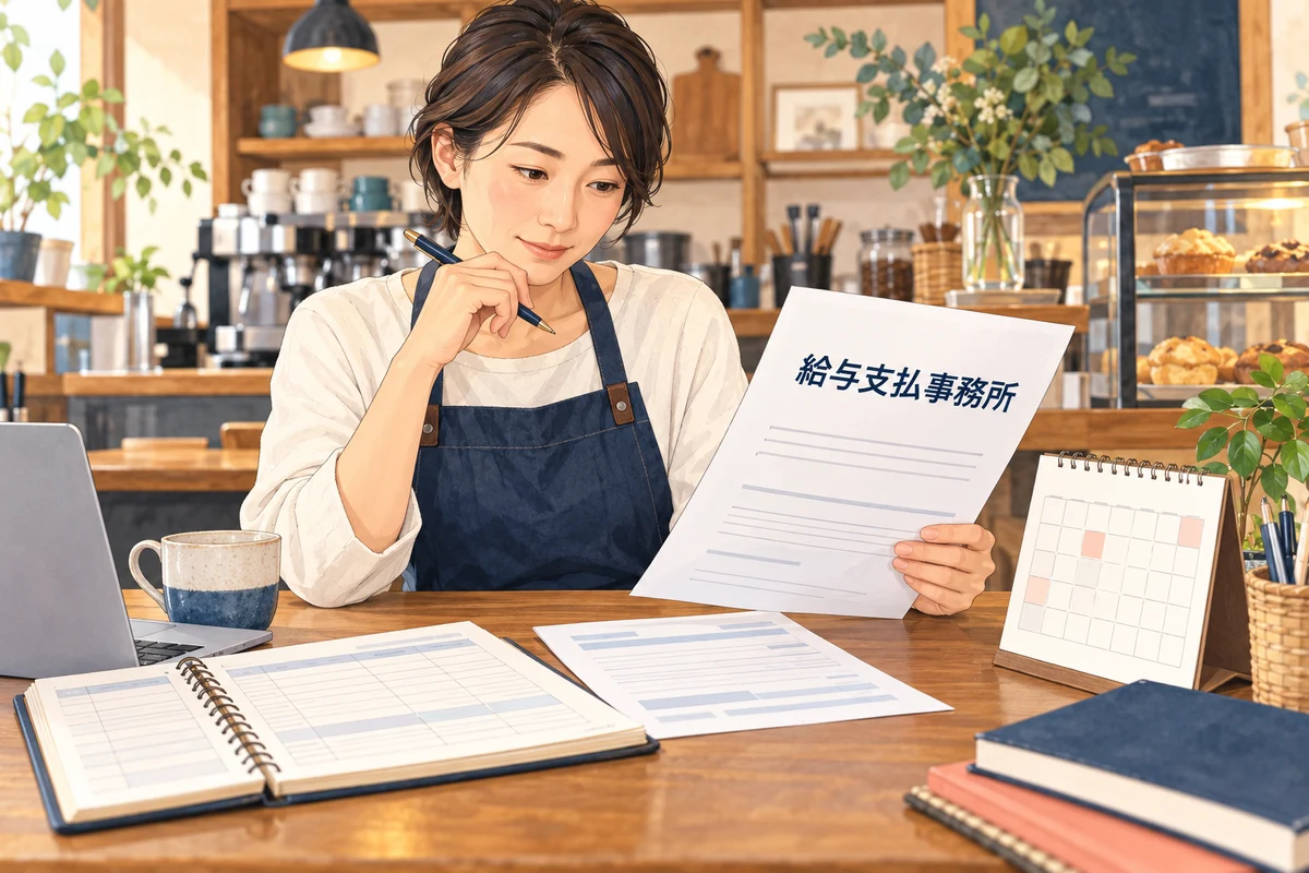 初めての給与に向けて、店主が給与支払事務所の書類と賃金台帳を確かめるイラスト