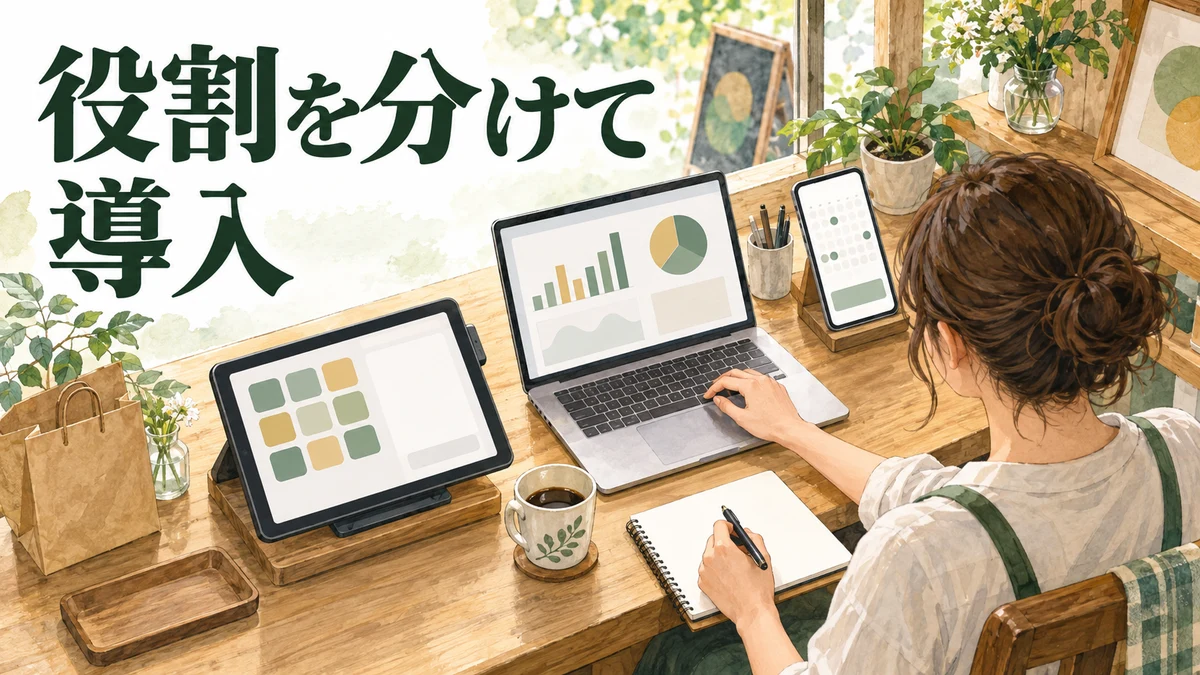 小さなお店の業務ツールを、レジ・会計・予約に分けたイラスト