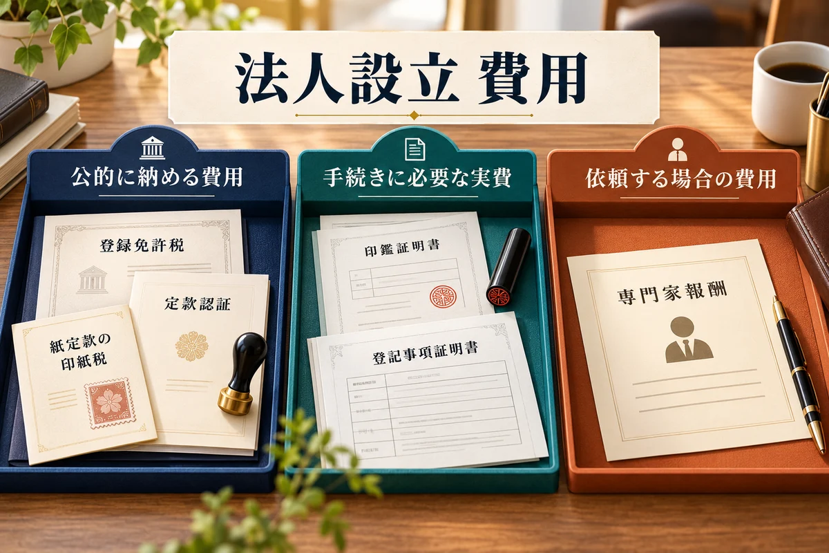 法人設立の費用を、登録免許税や定款などの項目に分けて整理する人のイラスト