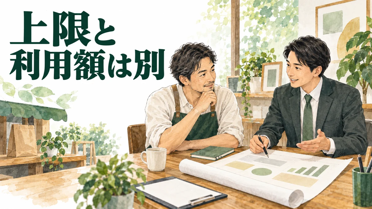 創業融資の相談で、制度の上限と利用額を分けて確かめるイラスト