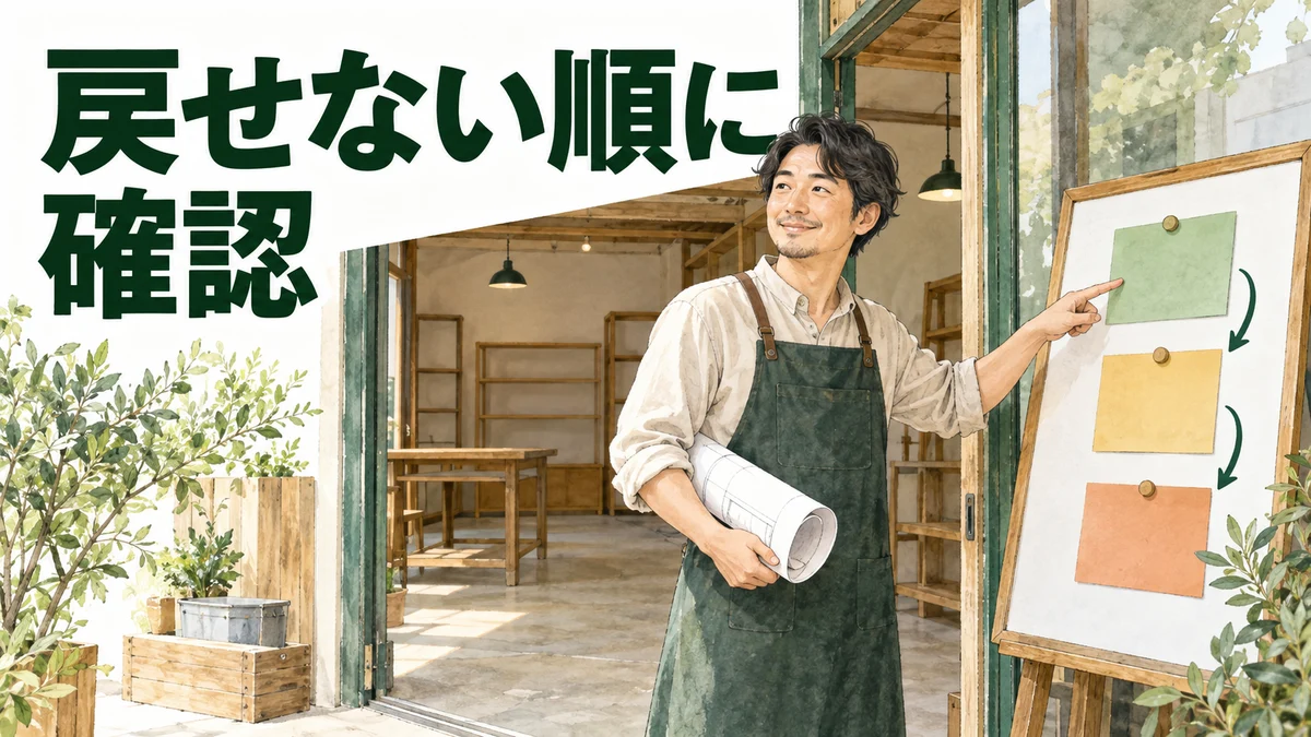 開業準備の順番を、空き店舗の前で確認する店主のイラスト