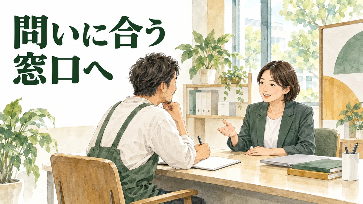 開業相談で、店主が担当者に質問を伝えるイラスト