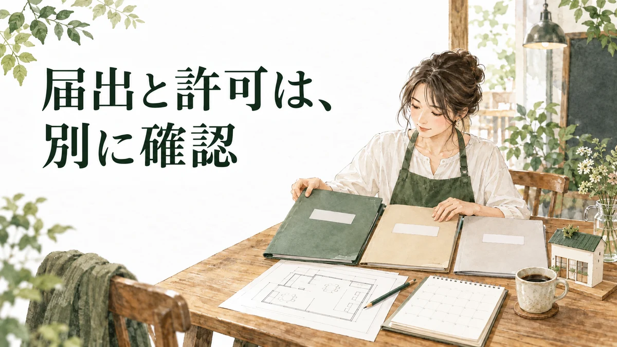 個人事業主の開業手続き。書類を分けて確認する店主のイラスト