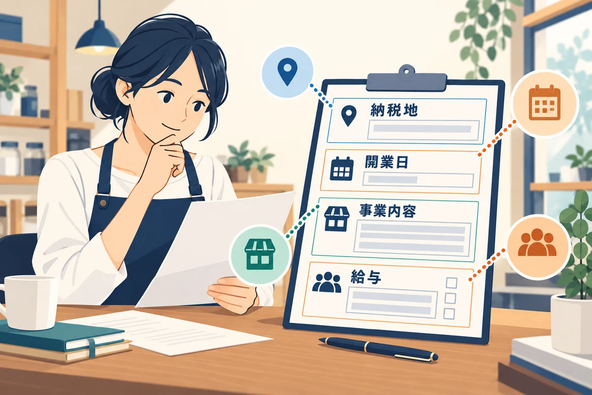開業届の納税地・開業日・事業内容・給与の欄を確かめる個人事業主のイラスト