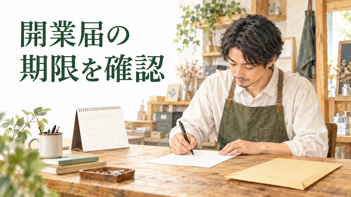 開業届の期限を確認しながら、机で書類を記入する店主のイラスト