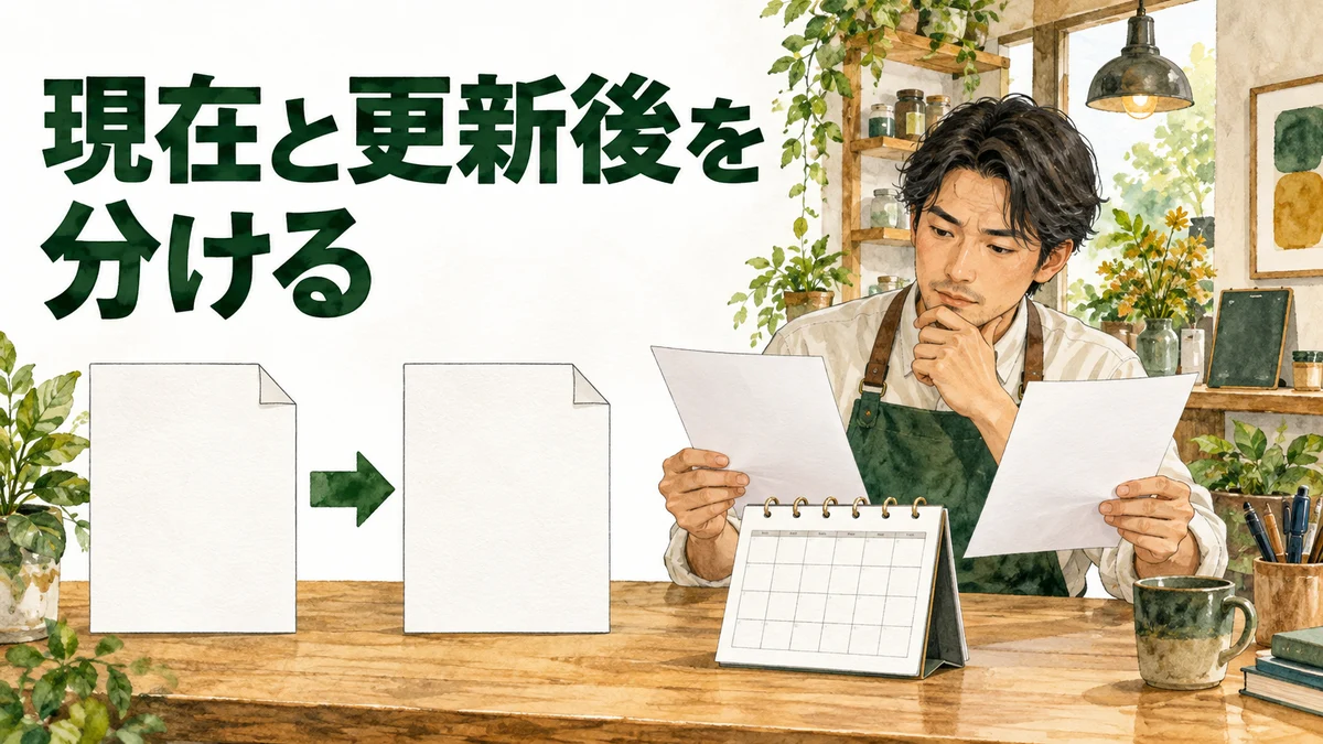 マネーフォワードの料金について、現在と更新後の条件を分けて確認するイラスト