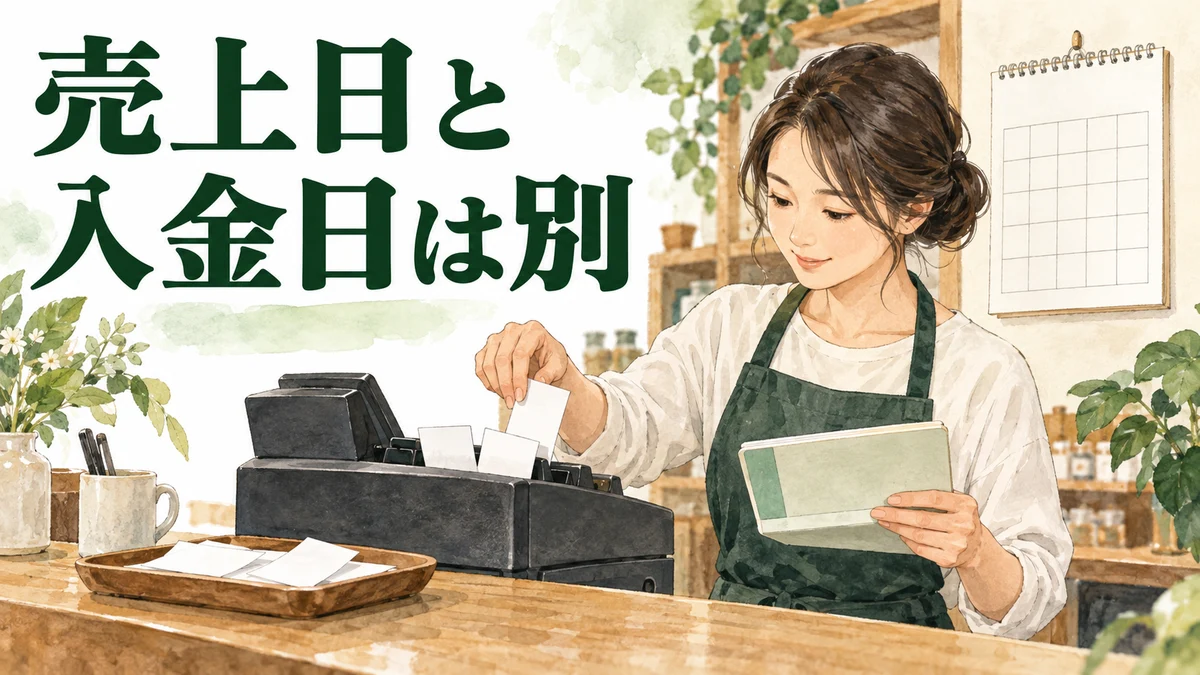 キャッシュレスの入金について、売上日と入金日を分けて整理するイラスト