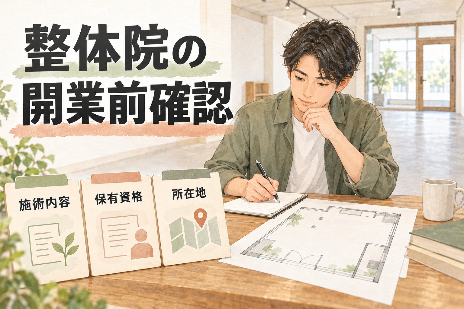 整体院の開業前確認として施術内容・保有資格・所在地と物件資料を整理する店主