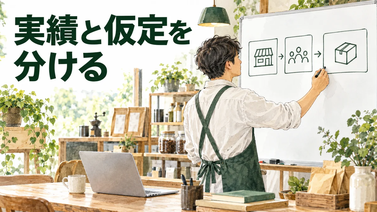 創業計画の実績と仮定を、図を使って整理するイラスト