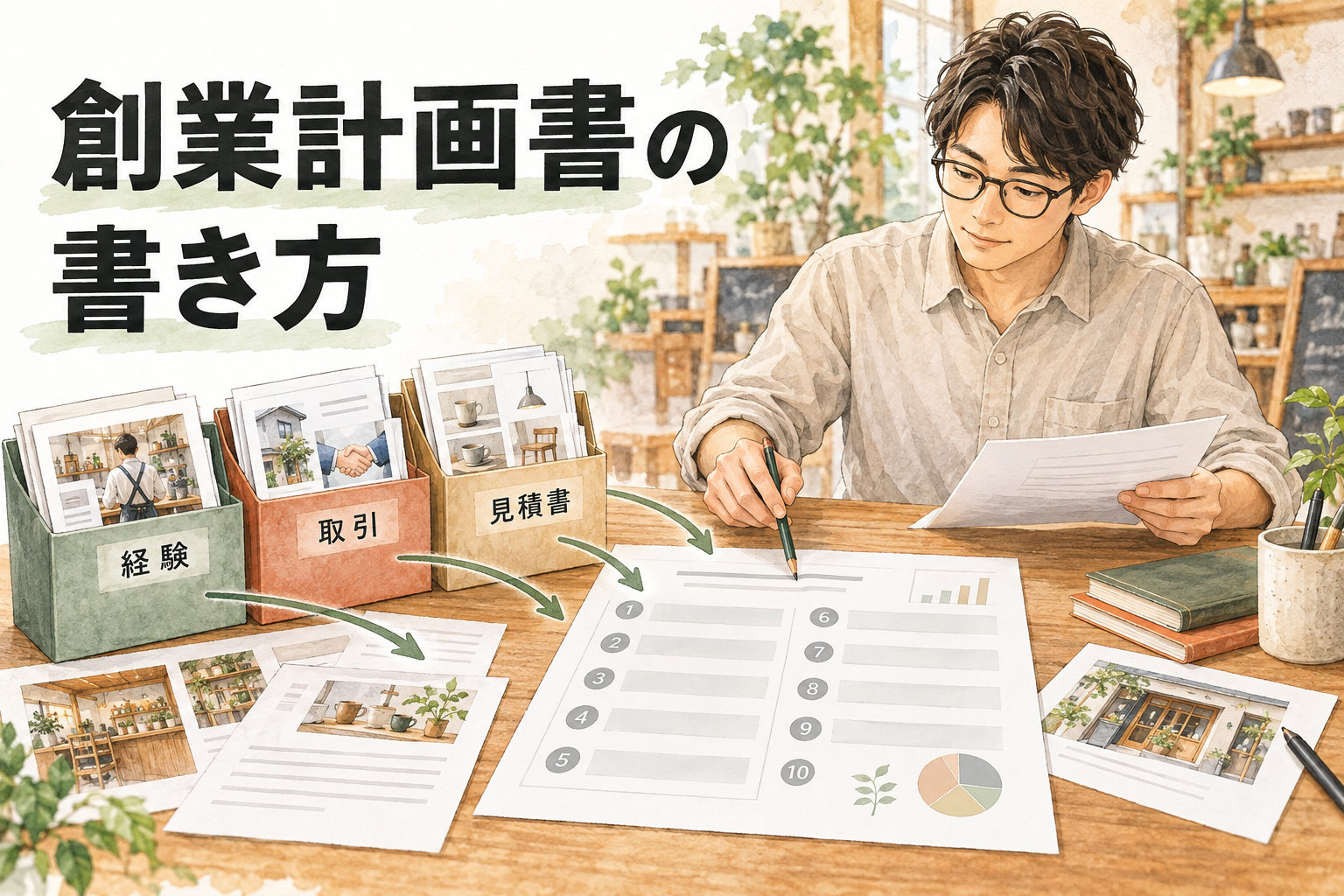 創業計画書の書き方を確認し、経験・取引・見積書の根拠資料を10項目の計画へ対応させる店主