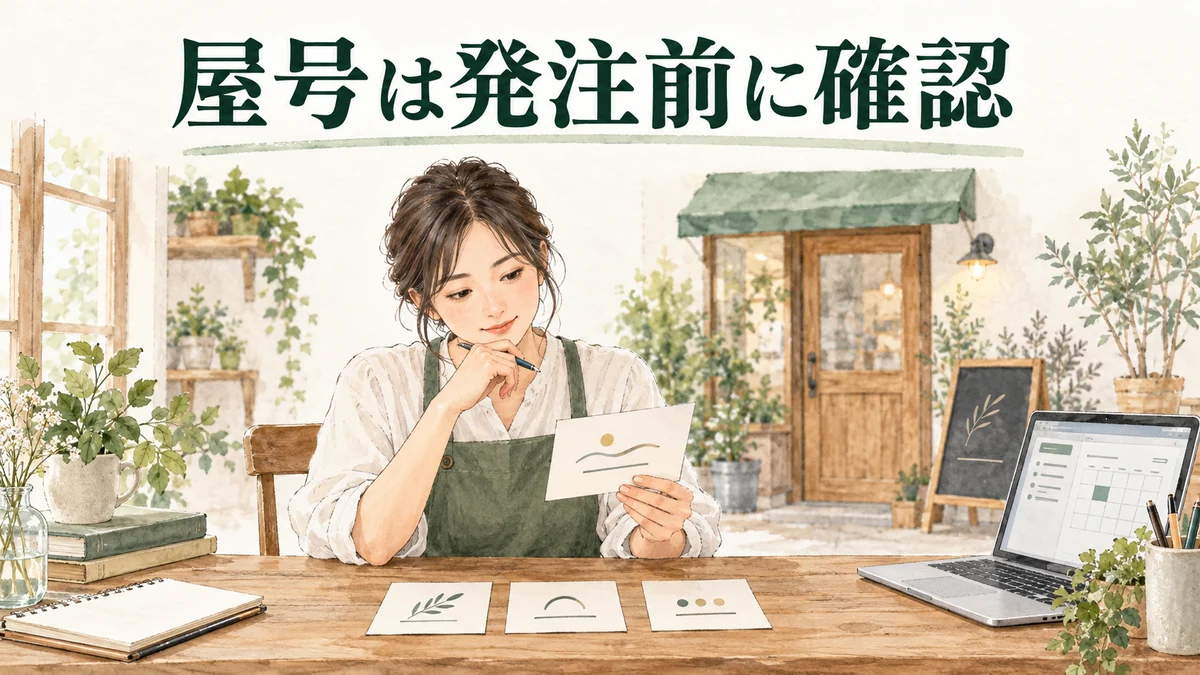 屋号の決め方を考える店主が、店名候補のカードと看板案、予約画面を見比べるイラスト