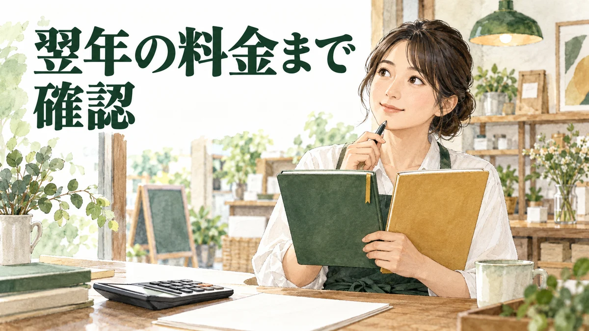 やよいの青色申告の料金を、翌年の契約まで確かめるイラスト