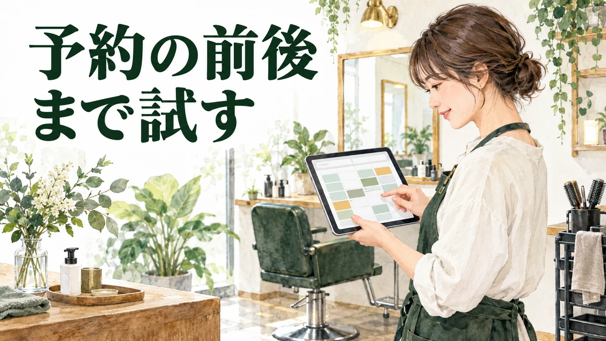 予約システムの選び方。美容室で予約前後の操作を試すイラスト