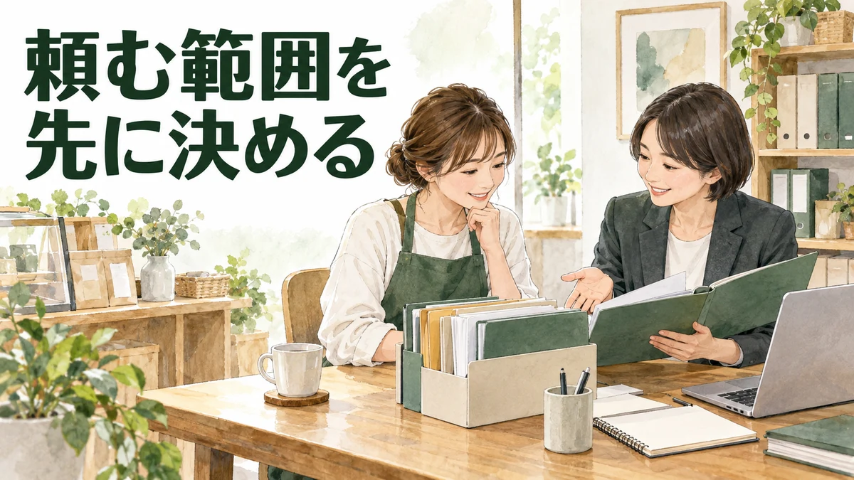 税理士の探し方。店主が頼む業務の範囲を専門家に相談するイラスト